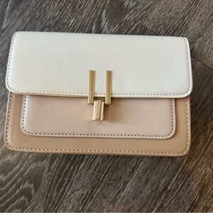 White and Tan Crossbody Bag with Gold Hardware